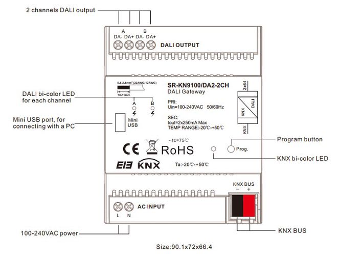 DALI - KNX centralė 100-240Vac, DALI-2, 2x 250mA, iki 2x 64 DALI kanalų SR-KN9100/DA2-2CH