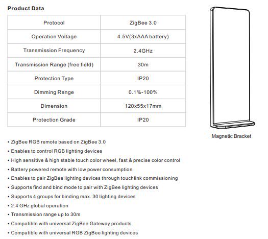 LED remote control  RGB, ZigBee, 4 zones  Sunricher SR-ZG2819S-RGB