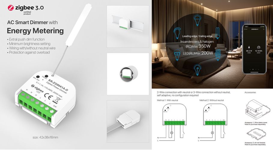 Apšvietimo valdiklis MICRO, ZigBee 3.0, 100-240Vac 200W TRIAC SR-ZG9041A-D