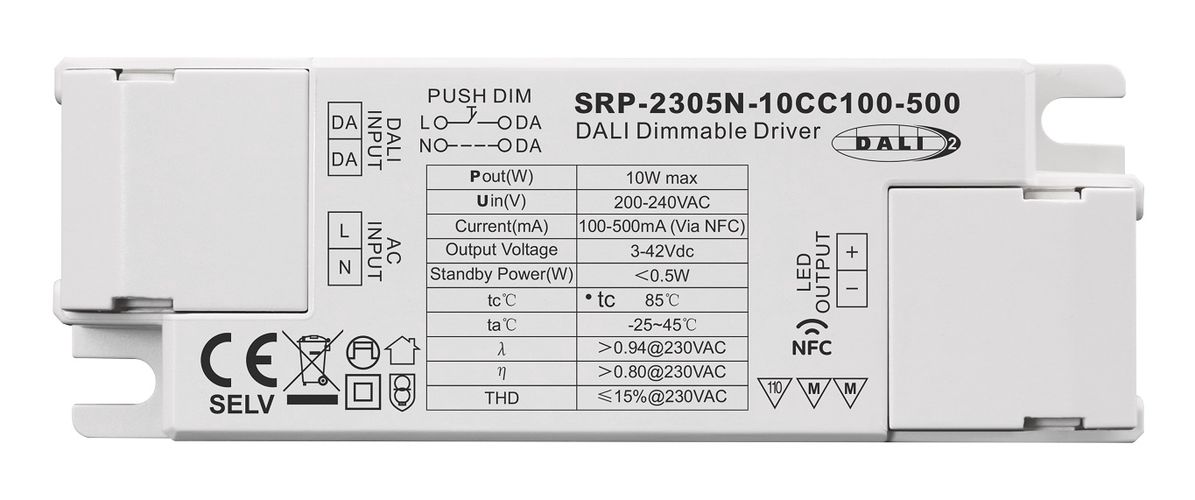 10W одновыводной светодиодный блок питания постоянного тока 3-42Vdc, 100-500mA, диммируемый PUSH-DIM, DALI-2 с настройкой NFC, PFC, Sunricher SRP-2305N-10