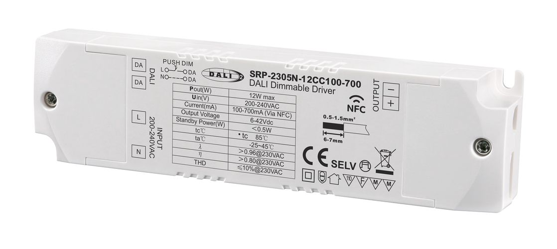 12W одновыводной светодиодный блок питания постоянного тока 6-42Vdc, 100-700mA, диммируемый PUSH-DIM, DALI-2 с настройкой NFC, PFC, Sunricher SRP-2305N-12