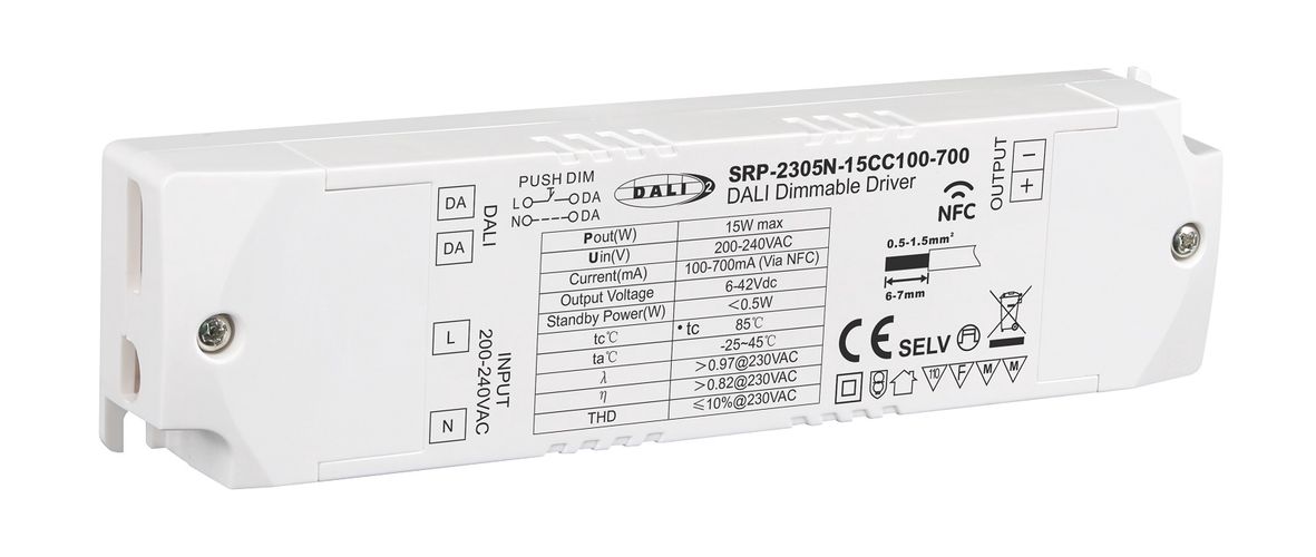 Impulsinis srovės šaltinis LED 15W, 6-42Vdc, 100-700mA, valdomas PUSH-DIM, DALI-2 su NFC nustatymu, PFC, Sunricher SRP-2305N-15