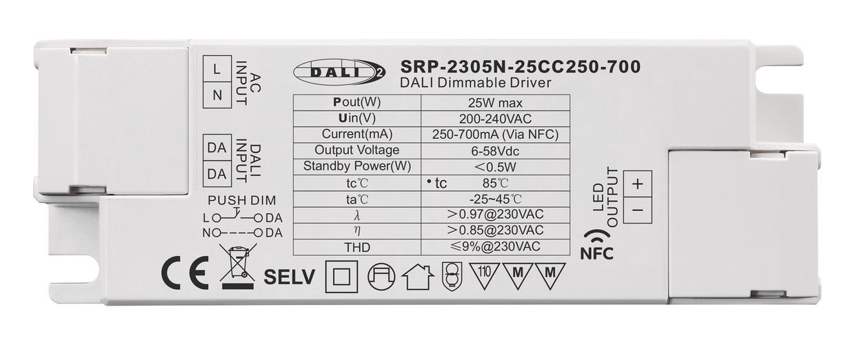 25W single output constant current LED power supply 6-58Vdc, 250-700mA, dimmable PUSH-DIM, DALI-2 with NFC setting, PFC, Sunricher SRP-2305N-25