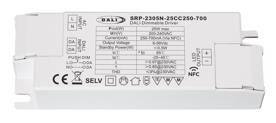 25W single output constant current LED power supply 6-58Vdc, 250-700mA, dimmable PUSH-DIM, DALI-2 with NFC setting, PFC, Sunricher SRP-2305N-25