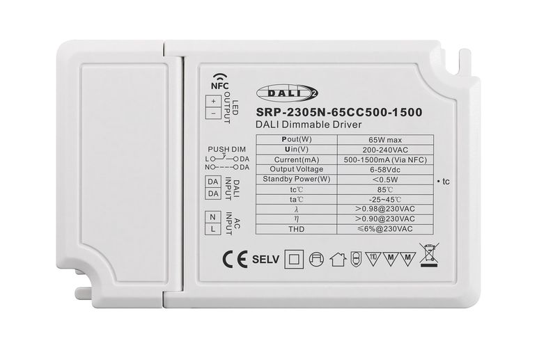 65W одновыводной светодиодный блок питания постоянного тока 6-58Vdc, 500-1500mA, диммируемый PUSH-DIM, DALI-2 с настройкой NFC, PFC, Sunricher SRP-2305N-65