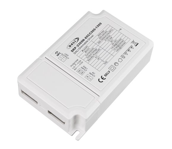 65W одновыводной светодиодный блок питания постоянного тока 6-58Vdc, 500-1500mA, диммируемый PUSH-DIM, DALI-2 с настройкой NFC, PFC, Sunricher SRP-2305N-65
