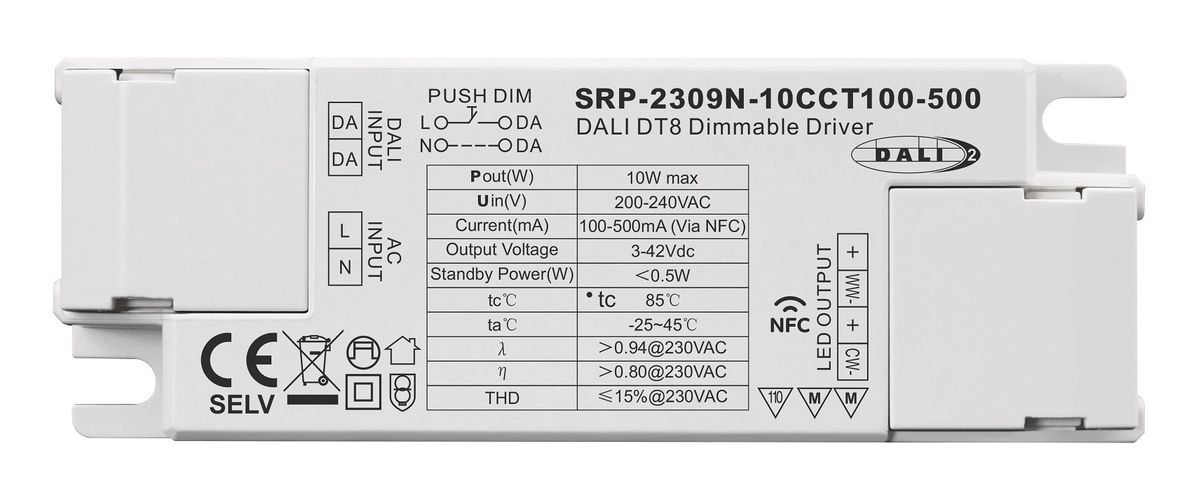 Impulsinis srovės šaltinis LED 10W, CCT, 3-42Vdc, 100-500mA, valdomas PUSH-DIM, DALI-2 su NFC nustatymu, PFC, Sunricher SRP-2309N-10CCT