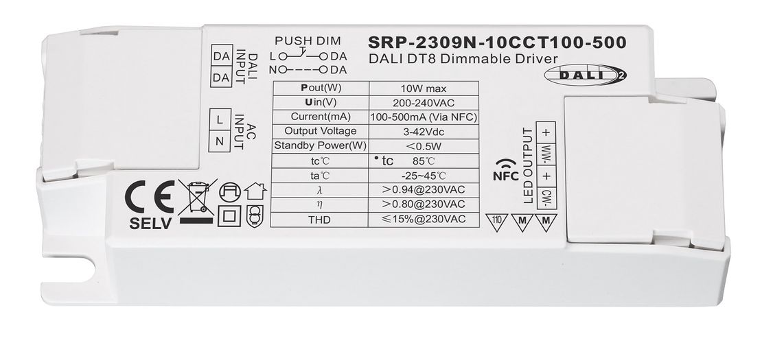 Impulsinis srovės šaltinis LED 10W, CCT, 3-42Vdc, 100-500mA, valdomas PUSH-DIM, DALI-2 su NFC nustatymu, PFC, Sunricher SRP-2309N-10CCT