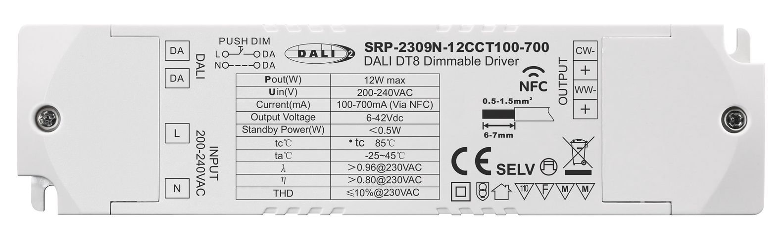 12W два выхода CCT постоянный ток светодиодный блок питания 6-42Vdc, 100-700mA, диммируемый PUSH-DIM, DALI-2 с настройкой NFC, PFC, Sunricher SRP-2309N-12CCT