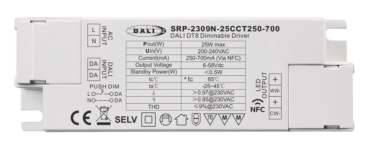 Impulsinis srovės šaltinis LED 25W, CCT, 6-58Vdc, 250-700mA, valdomas PUSH-DIM, DALI-2 su NFC nustatymu, PFC, Sunricher SRP-2309N-25CCT