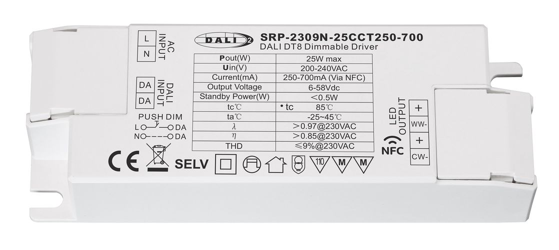 Impulsinis srovės šaltinis LED 25W, CCT, 6-58Vdc, 250-700mA, valdomas PUSH-DIM, DALI-2 su NFC nustatymu, PFC, Sunricher SRP-2309N-25CCT