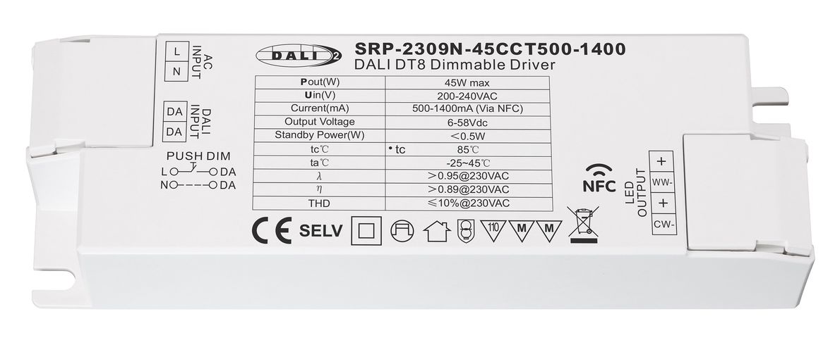 Impulsinis srovės šaltinis LED 45W, CCT, 6-58Vdc, 500-1400mA, valdomas PUSH-DIM, DALI-2 su NFC nustatymu, PFC, Sunricher SRP-2309N-45CCT