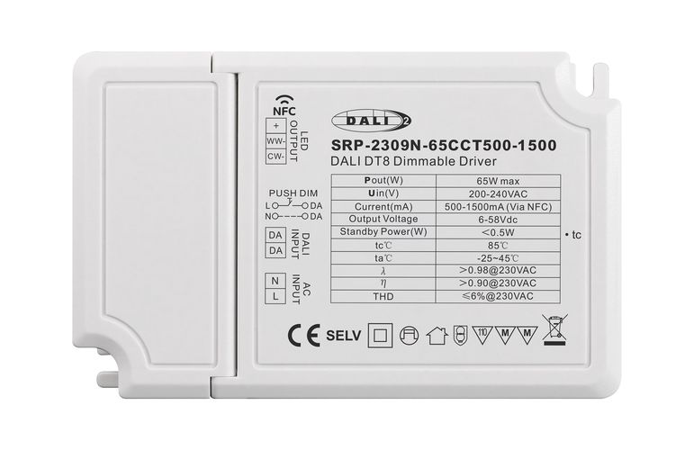 Impulsinis srovės šaltinis LED 65W, CCT, 6-58Vdc, 500-1500mA, valdomas PUSH-DIM, DALI-2 su NFC nustatymu, PFC, Sunricher SRP-2309N-65CCT