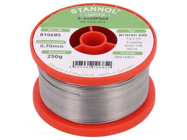 Lydmetalis Sn60/Pb40 0.7mm 250g su fliusu Stannol (tik profesionaliam naudojimui) S/810685 4006062106854