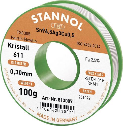 Припой Sn96.5Ag3Cu0.5 0.3мм 100г Станнол с флюсом S/813007 4006062130071