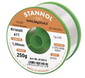 Lydmetalis Sn96,5/Ag3/Cu0,5 1.00mm 250g su fliusu Stannol S/813013 4006062130132