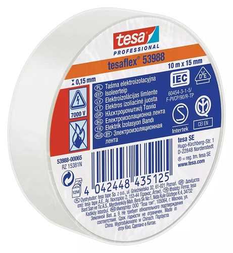 Soft PVC Insulation tape tesaflex 53988, 10mx15mm, white, TESA IZ/TESA53988-065 4042448435125