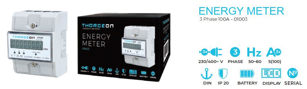 Energy meter, 3-phase, DIN, 100A, Thorgeon THORGEON-01003 4751029890375