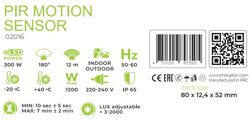 Judesio jutiklis PIR 230 Vac, 180°, 12m, 1200W, reguliuojamas, IP65, juodas, THORGEON THORGEON-02016 4751029893505