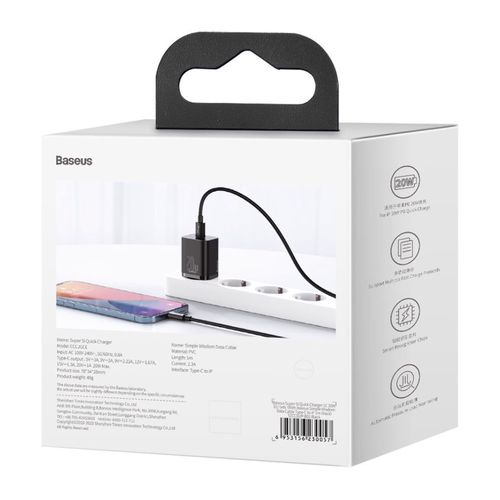 Wall Quick Charger Super Si 20W USB-C QC3.0 PD with Lightning 1m Cable, Black TZCCSUP-B01 6953156230057