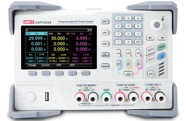 Programuojamas DC maitinimo šaltinis, 4kanalai, 328W, CH1/CH2:0~30V/5A CH3:0~6V/3A, CH4:5V, 2A, 10mV, 1mA RS232, RS485, USB, LAN, UNI-T UDP3305S-E 6935750533451