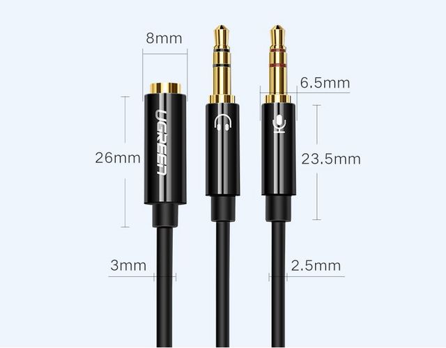 Kabelis / adapteris 3.5mm 4pin lizdas - 2x3.5mm kištukai (stereo ausinėms + mikrofonui), 0.28m AV140 UGREEN UGREEN/20899 6957303828999