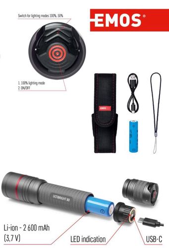 LED RECH. FLASHLIGHT ULTIBRIGHT 80 600lm rechargable 2600mAh, EMOS P3180 8592920089767