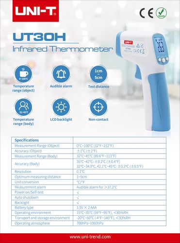 Bekontaktis termometras kūno temperatūrai matuoti 32.0°C~45°C UT30H UT30H 6935750543153
