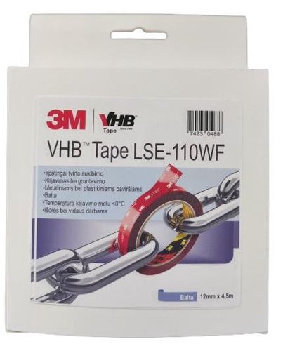 Dvipusės lipnios juostos VHB LSE-110F 12mmx4.5mx1.1mm komplektas, balta, 3M VHB-LSE110W-12/4.5 74230488