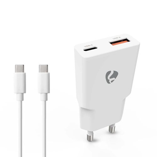 Wall Charger | 20 W | GaN | PD3.0 | Quick charge feature | 1.5 / 2.0 / 2.22 / 3.0 A | Number of outputs: 2 | USB-A / USB-C™ | USB-C™ (Loose) Cable | 1.50 m | Automatic Voltage Selection | White WCHA20WTUC 5412810470273