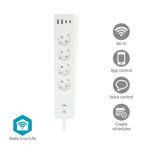 SmartLife Power Strip | Wi-Fi | 2x USB-A / 2x USB-C™ / 4x plug with earth contact (CEE 7/3) | 16 A | 3680 W | 2.00 m | 0 - 55 °C | Android™ / IOS | White WIFIP313FWT 5412810448388