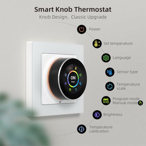 Išmanus, sieninis termostatas grindų termo pavaroms su ratuku, Wi-Fi, TUYA WT20R-WH-3A-W