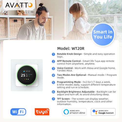 Išmanus, sieninis termostatas grindų termo pavaroms su ratuku, Wi-Fi, TUYA WT20R-WH-3A-W