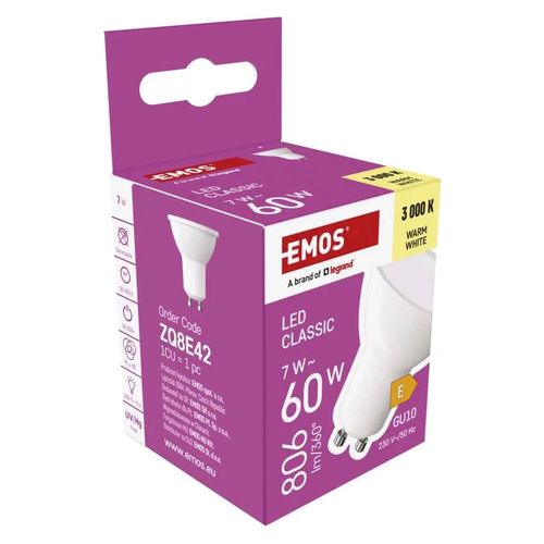 LED lemputė GU10 230V MR16 7W 806lm, šiltai balta, 3000K, 100° ZQ8E42