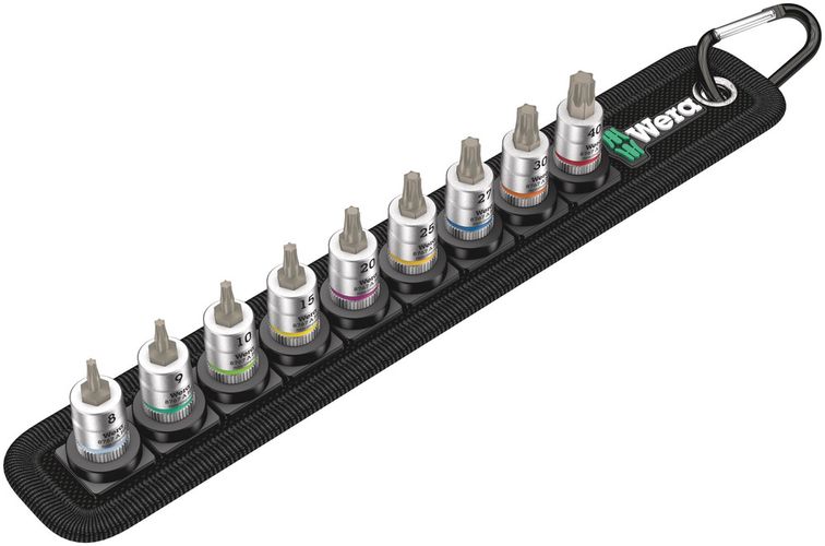 Belt A 3 TORX® HF Zyklop bit socket set with holding function, 1/4" drive, 1 x TX 8x28.0; 1 x TX 9x28.0; 1 x TX 10x28.0; 1 x TX 15x28.0; 1 x TX 20x28.0; 1 x TX 25x28.0; 1 x TX 27x28.0; 1 x TX 30x28.0; 1 x TX 40x28.0; 1 x 39.0x238.0; 1 x 200.0x30.0, Wera 05003882001