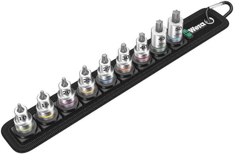 Belt B 3 TORX® HF Zyklop bit socket set with holding function, 3/8" drive, 1 x TX 10x35.0; 1 x TX 15x35.0; 1 x TX 20x35.0; 1 x TX 25x35.0; 1 x TX 27x35.0; 1 x TX 30x35.0; 1 x TX 40x35.0; 1 x TX 45x38.5; 1 x TX 50x38.5; 1 x 45.0x310.0; 1 x 200.0x30.0, Wera 05003972001