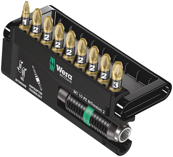 Bit-Check 10 PZ BiTorsion 2, 1 x 1/4"x75; 1 x PZ 1x25; 7 x PZ 2x25; 1 x PZ 3x25, Wera 05347153001