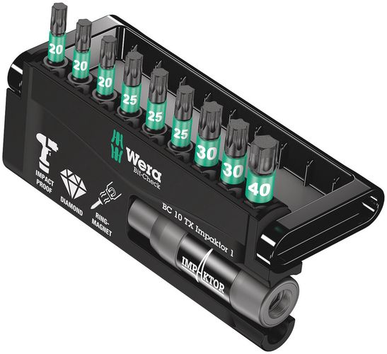 Bit-Check 10 TX Impaktor 1, 1 x 1/4"x75; 3 x TX 20x25; 3 x TX 25x25; 2 x TX 30x25; 1 x TX 40x25, Wera 05057688001