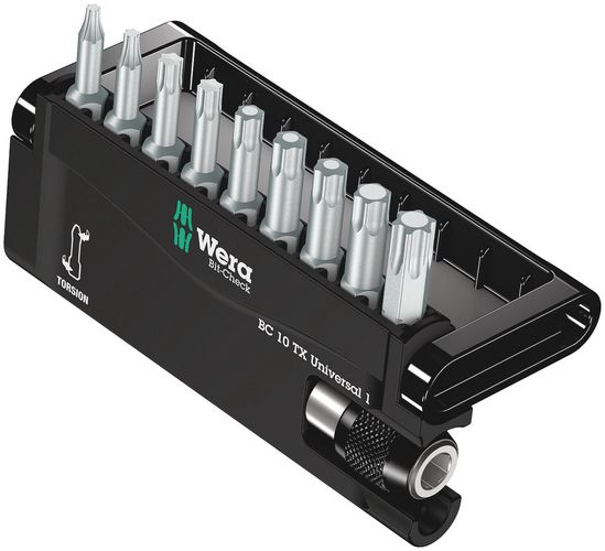 Bit-Check 10 TX Universal 1, 1 x 1/4"x51; 1 x TX 8x25; 1 x TX 9x25; 1 x TX 10x25; 1 x TX 15x25; 1 x TX 20x25; 1 x TX 25x25; 1 x TX 27x25; 1 x TX 30x25; 1 x TX 40x25, Wera 05056164001