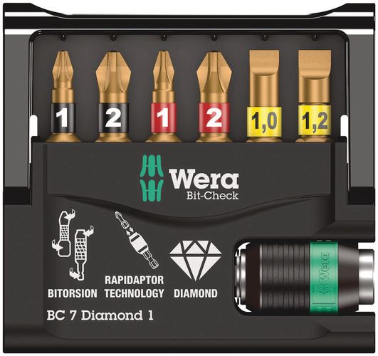 Bit-Check 7 Diamond 1 SB, 1 x 1/4"x50; 1 x PH 1x25; 1 x PH 2x25; 1 x PZ 1x25; 1 x PZ 2x25; 1 x 1.0x5.5x25; 1 x 1.2x6.5x25, Wera 05073419001