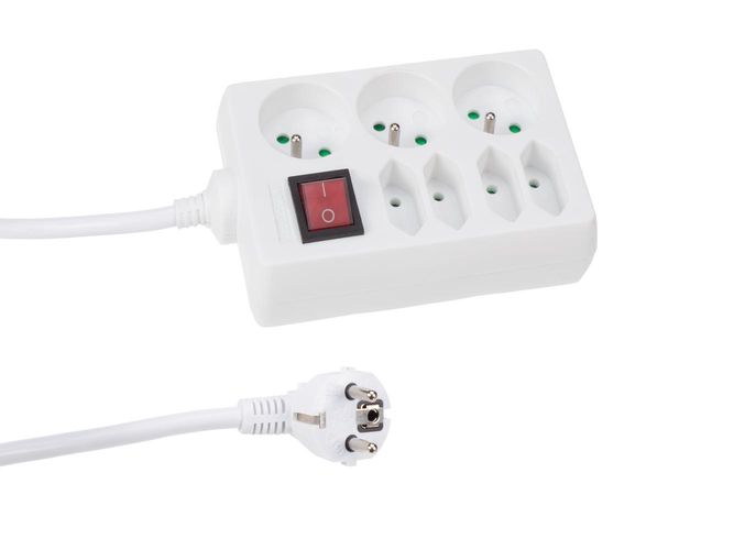 SOCKET OUTLET WITH 3 x SOCKET + 4 x EURO SOCKET AND SWITCH - 1.5 m CABLE - WHITE - FRENCH SOCKET EB34S 5410329345334; 5410329524661