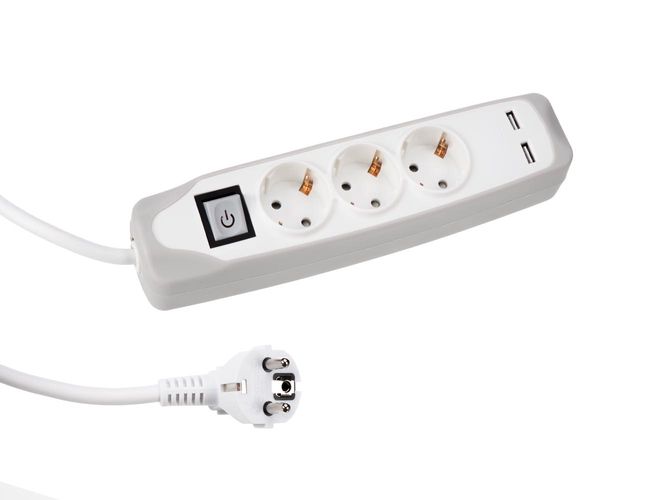 3-WAY SOCKET OUTLET WITH SWITCH - 2 USB PORTS - 1.5 m CABLE - GREY/WHITE - SCHUKO EB3CGUSB-G 5410329726829