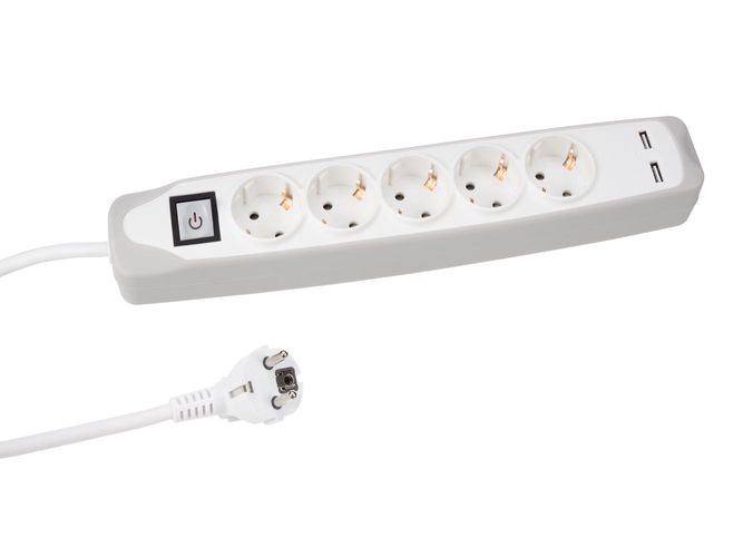 5-WAY SOCKET OUTLET WITH SWITCH - 2 USB PORTS - 1.5 m CABLE - GREY/WHITE - SCHUKO EB5CGUSB-G 5410329726836