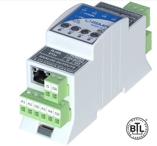 Expansion module iSMA-B-4U4A-H-IP, 4 universal inputs, 4 analogue outputs with manual control, Modbus TCP/IP, BACnet IP iSMA-B-4U4A-H-IP