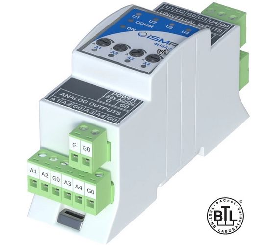Expansion module iSMA-B-4U4A-H, 4 universal inputs, 4 analogue outputs with manual control, Modbus RTU/ASCII, BACnet MSTP iSMA-B-4U4A-H