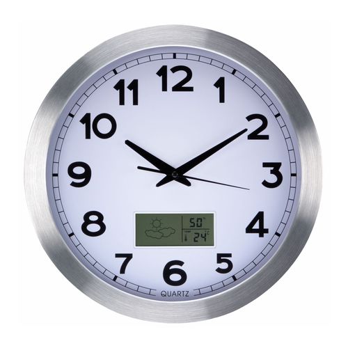 ALUMINIUM LCD WALL CLOCK WITH THERMOMETER, HYGROMETER & FORECAST - ╪ 35 cm WC102