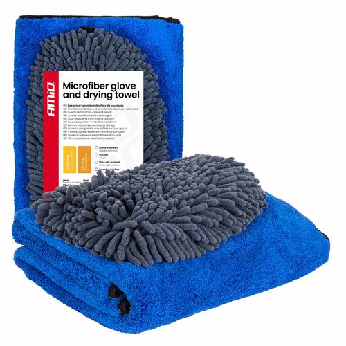 Microfiber glove and drying towel 94/800gsm 20x26/60x90cm AMIO-04489, AMiO 5903293044896