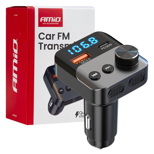 Car FM Transmitter 1×USB-A 1×USB-C 12V 24V AMIO-04647, AMiO 5903293046470