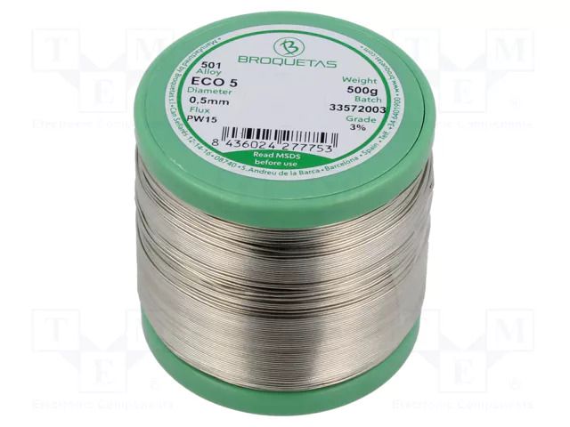 Tin; lead free; Sn99Cu0,7Ag0,3; 0.5mm; 0.5kg; reel; 217÷227°C BROQUETAS ECO5-05/05H