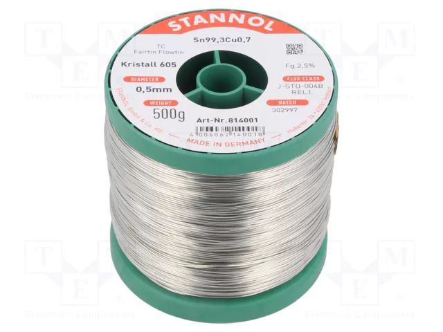 Tin; lead free; Sn99,3Cu0,7; 0.5mm; 500g; reel; 2.5%; Alloy: TC STANNOL S99C1K605/0.5/0.5